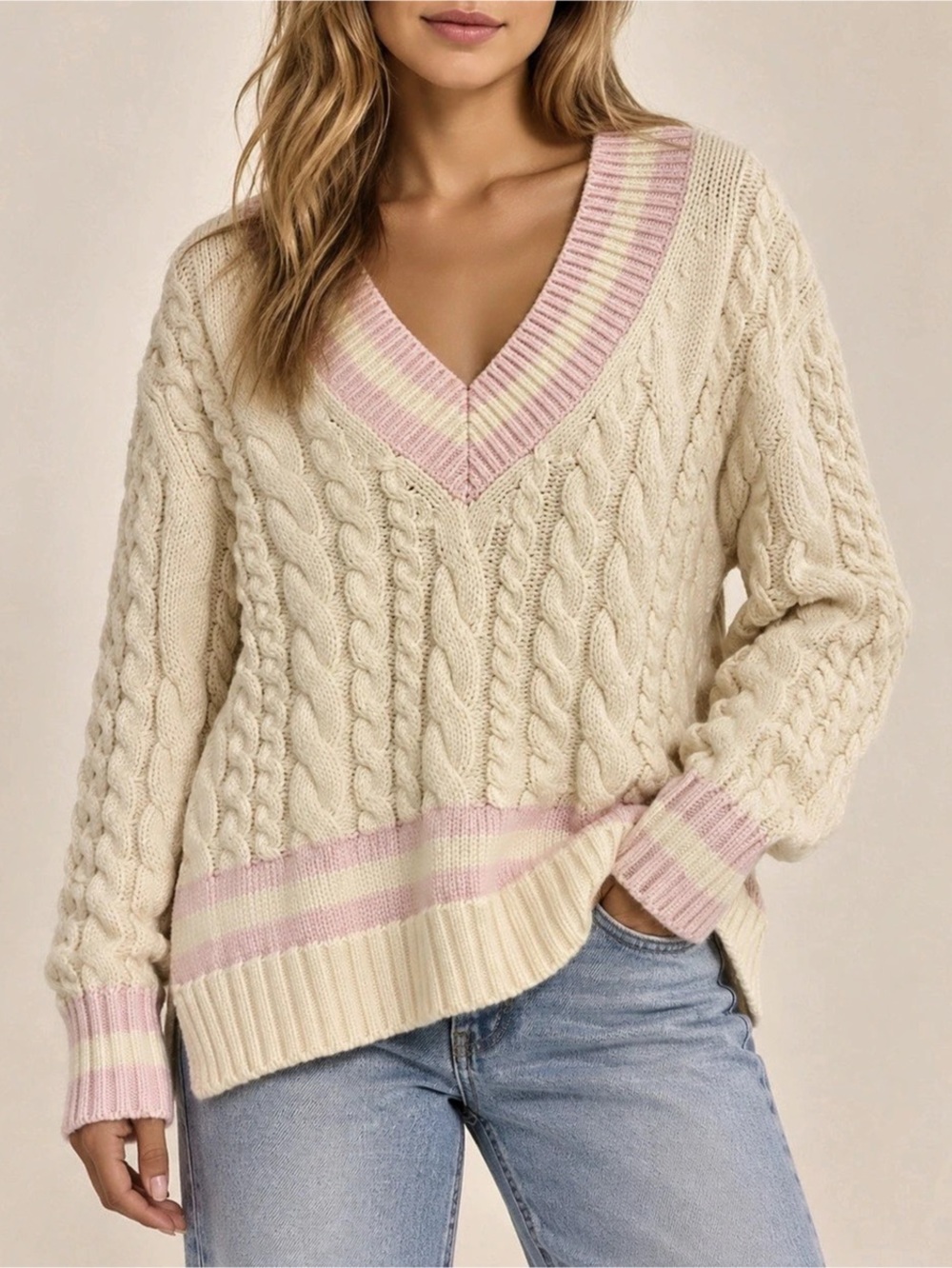 LookFancy Cable Knit V-Neck Sweater in Cream & Pink Like New